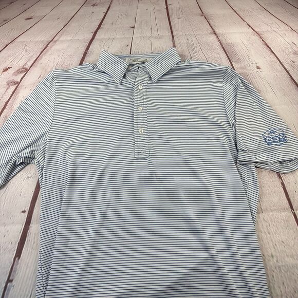 Criquet Polo Shirt Mens Medium Blue Striped Stretch Performance Golf Logo - Picture 2 of 10